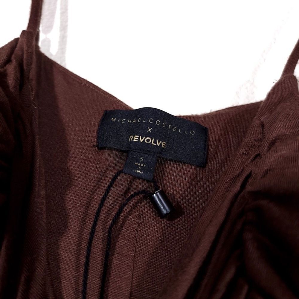 MICHAEL COSTELLO Freya Midi Dress Ruched Bodycon Chocolate Brown Y2k Clean Girl - Picture 2 of 10